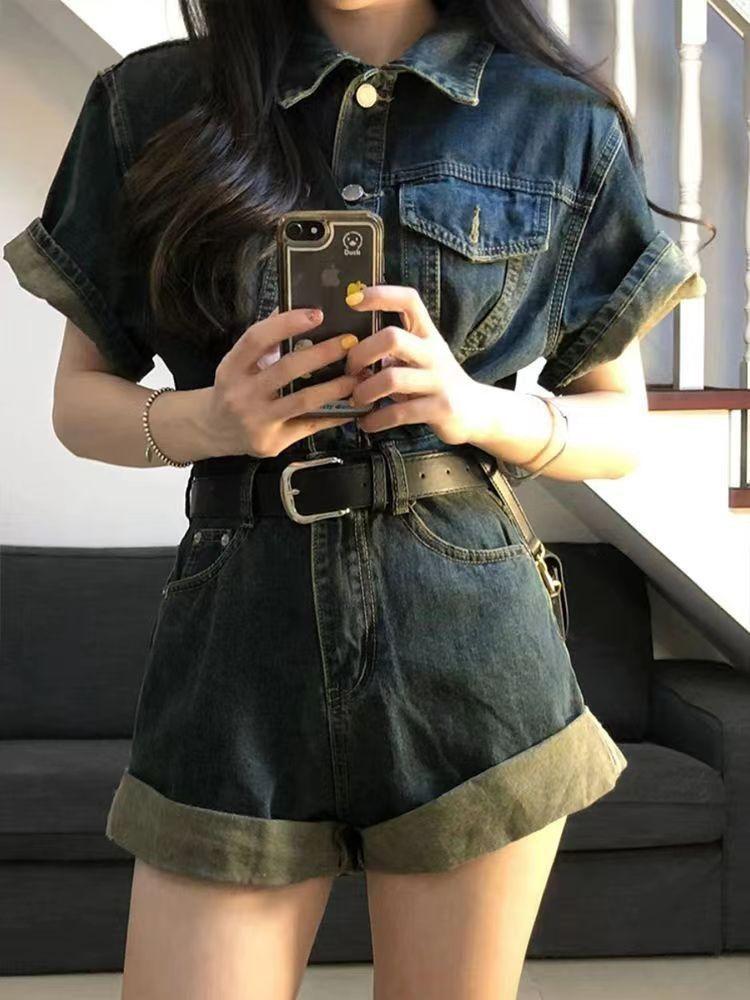 Product Introduction of Áo Jumpsuit Quần Denim Cổ Điển Mỹ Bộ Sưu Tập Người, Nữ Mùa Hè, Thiết Kế Mới, Bó Sát Eo, Bó Sát, Thời Trang, Bộ Đồ Ngắn Thường Ngày Một Mảnh, 4302 16