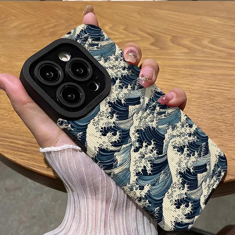 New all inclusive leather creative wave phone case suitable for iPhone 16 16pro 16promax11 12 13 14 Pro Max 15pro 7 8 plus X 11pro 14pro 13pro XS Max anti fall protection phone case 3