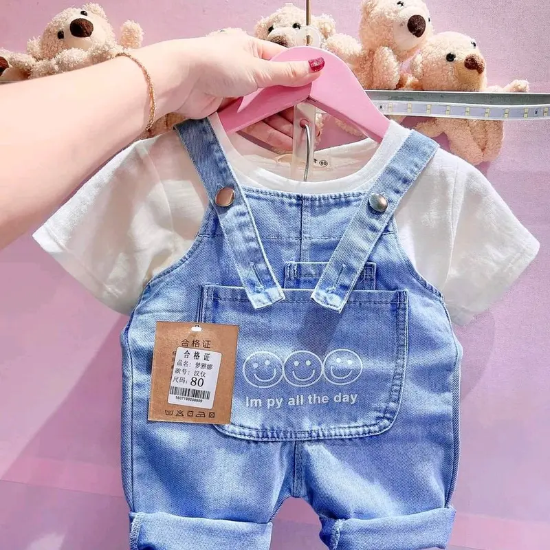 Quần yếm jean lửng hàn quốc kèm áo cho bé trai bé gái 6_18kg bososinh 4