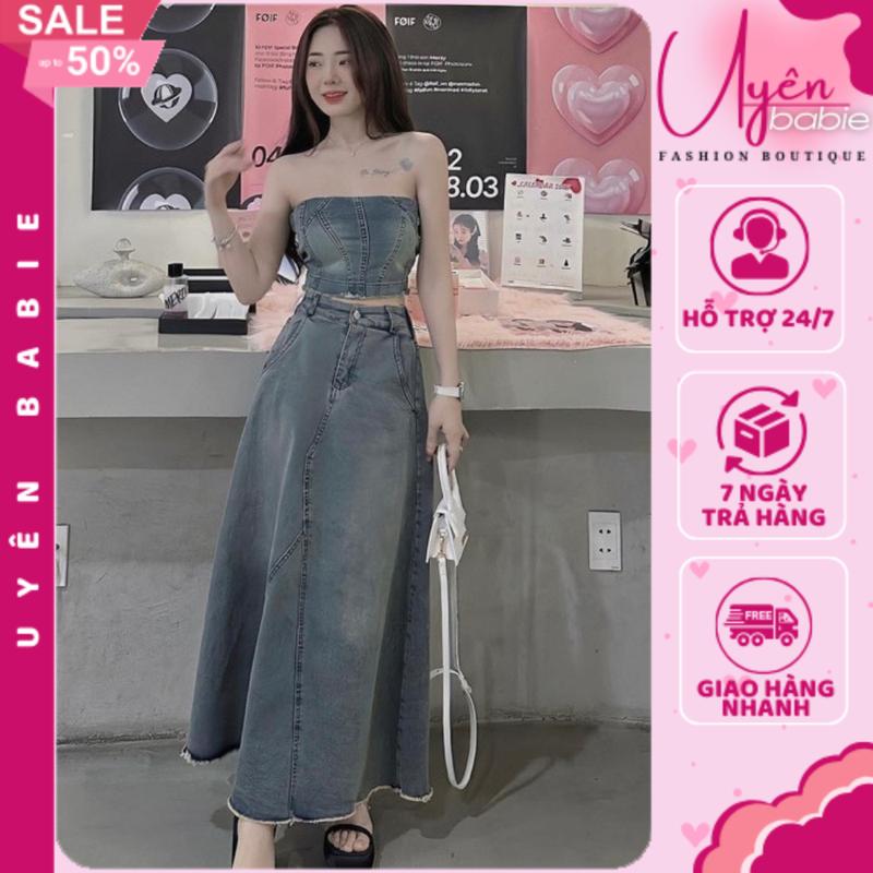 Set váy - đầm jean bò denim cúp ngực, áo quây ngực chun lưng phối chân váy jean dáng dài siêu hot Nữ Top