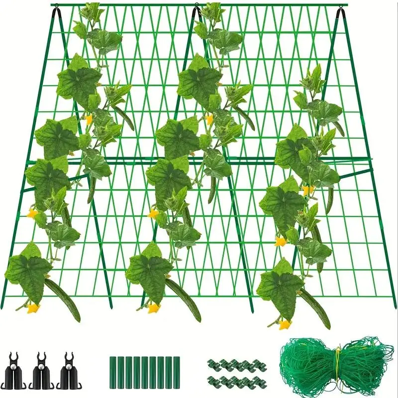 Plant Support Cage with Trellis Net, 1 Set Adjustable 48 Inch Foldable Cucumber Trellis Kit, Suitable for Climbing Plants, Pumpkin, Garden Stakes, Connecting Pipes, Outdoor Hydroponic Growing System