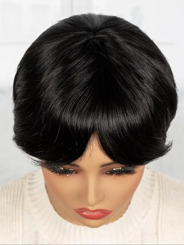 Black Short Bob Wigs for Women, Gorgeous Fluffy Wigs with Bangs, Human Hair Full Machine Wigs for Party, Daily Use 4