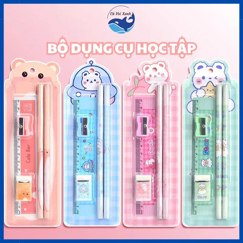 Bộ Dụng Cụ Học Tập Hộp Giấy 5 Món Cho Bé Gồm Bút Chì + Tẩy + Thước Kẻ + Gọt Bút Chì Cho Học Sinh Tiện Dụng