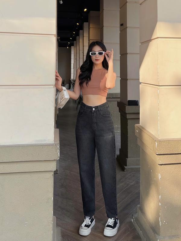 Quần Baggy Lưng Cao 1 Nút Kiểu Đơn Giản Thời Trang QC mã 346 Pants Jean Women Nữ 4