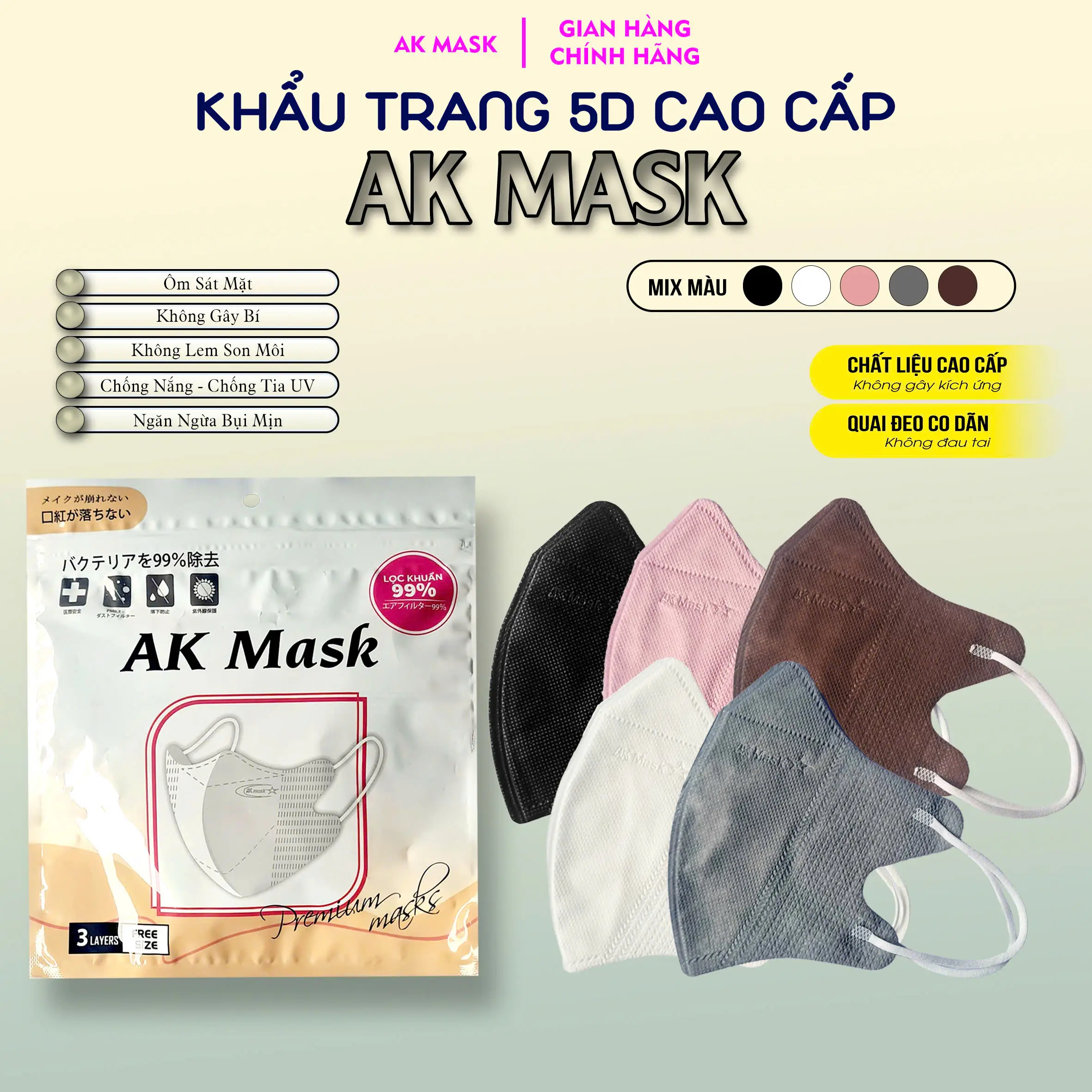 Thùng 500C Khẩu Trang 5D Ak Mask - Kháng Khuẩn - Ngăn Ngừa Bụi Mịn - Chống 90 % Virus Và Vi Khuẩn - Ka Group