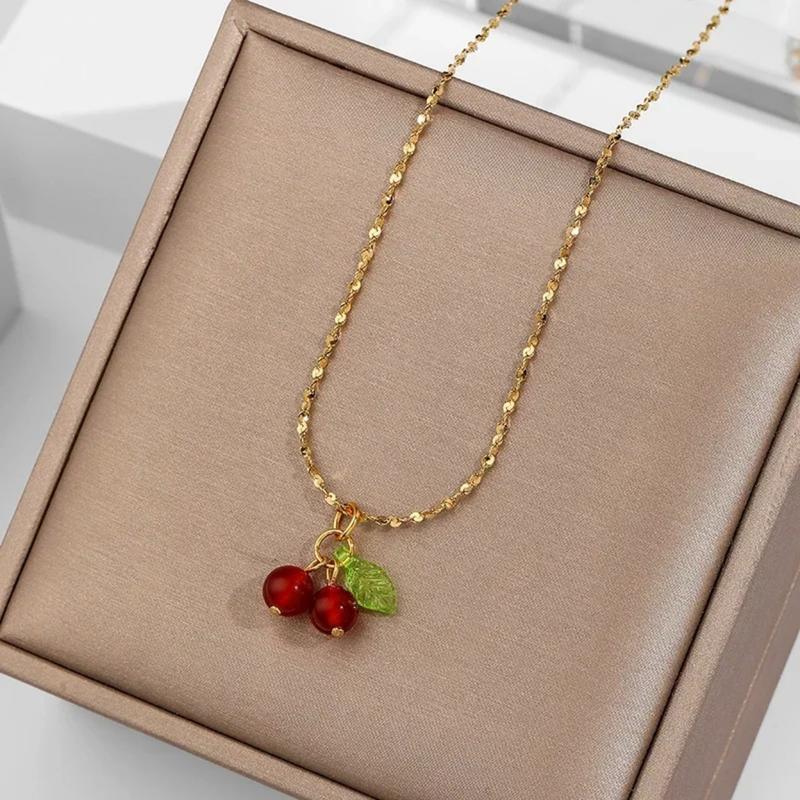 Stainless Steel Cherry Necklace, Cute Bead Pendant Necklace, Ladies' Wedding Jewelry, Birthday Gift Necklace 7