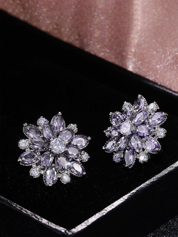 1 Pair Artificial Gemstone Decor Hollow out Flower Design Stud Earrings, Elegant Matching Jewelry for Party, Trendy Daily Clothing Decor for Girl 6