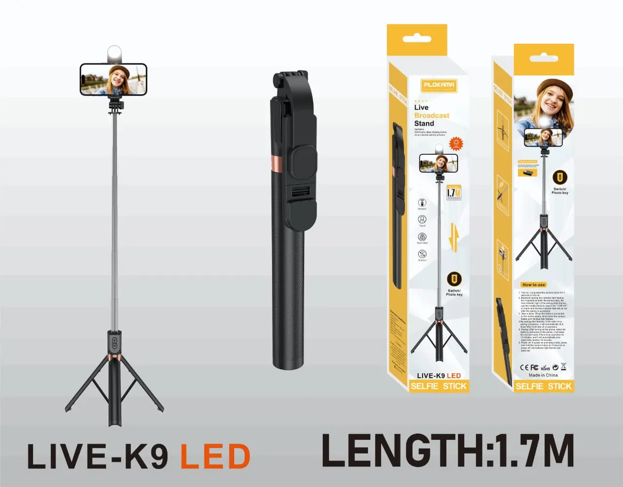 Tongsis tripod 3in1 remote Selfie stick holder 360 tongsis tomsid bluetooth  K9 led
