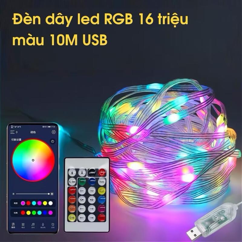  Đèn dây led RGB 16 triệu màu 10M điều khiển bằng điện thoại và Remote 