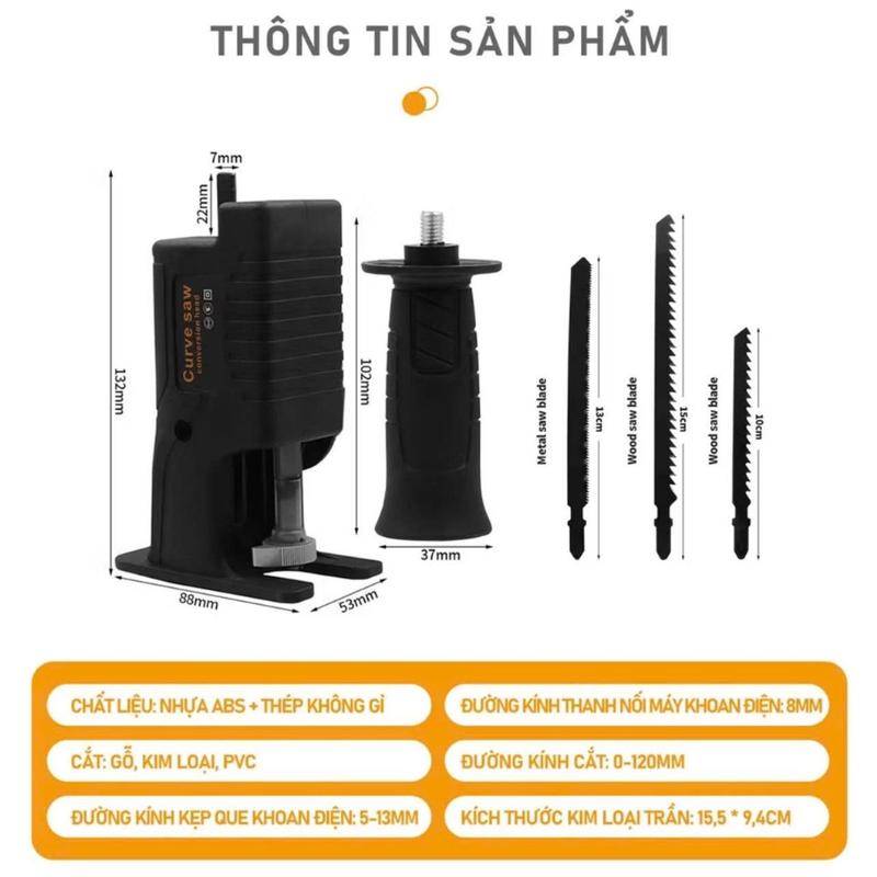 Bộ chuyển đổi máy khoan thành máy cưa cầm tay điện kèm 3 luoi cưa cắt gỗ kim loại lắp được khoan pin và khoan điện. Cắt: Gỗ, kim loại, PVC 8
