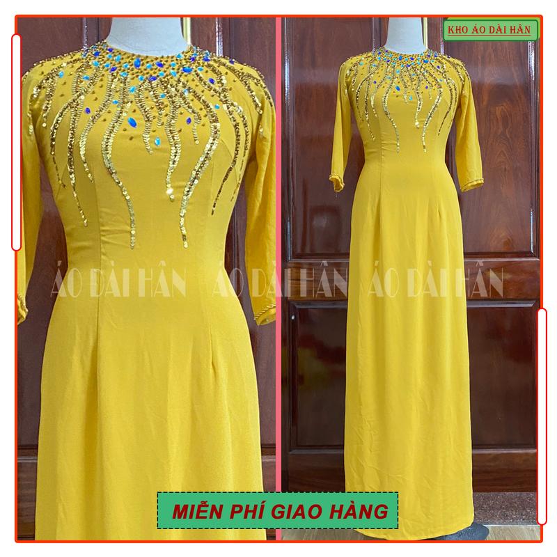 ẢNH THẬT Áo Dài Thiết Kế Màu Vàng Đồng Tủa Ngực Chất Liệu Chiffon 4 Tà Nữ Dress Women Voi Sen Voan