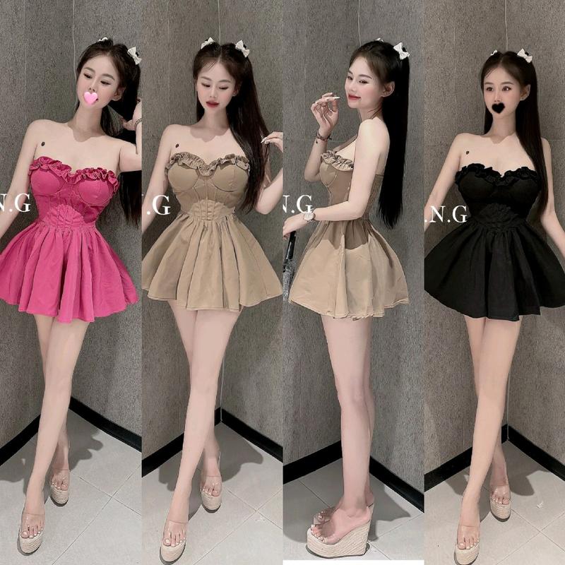 Set Đồ Nữ Đầm Cúp Bèo Ngực Kèm Quần váy đi chơi, đi tiệc Màu Hồng, Đen Cup Women Top Dress