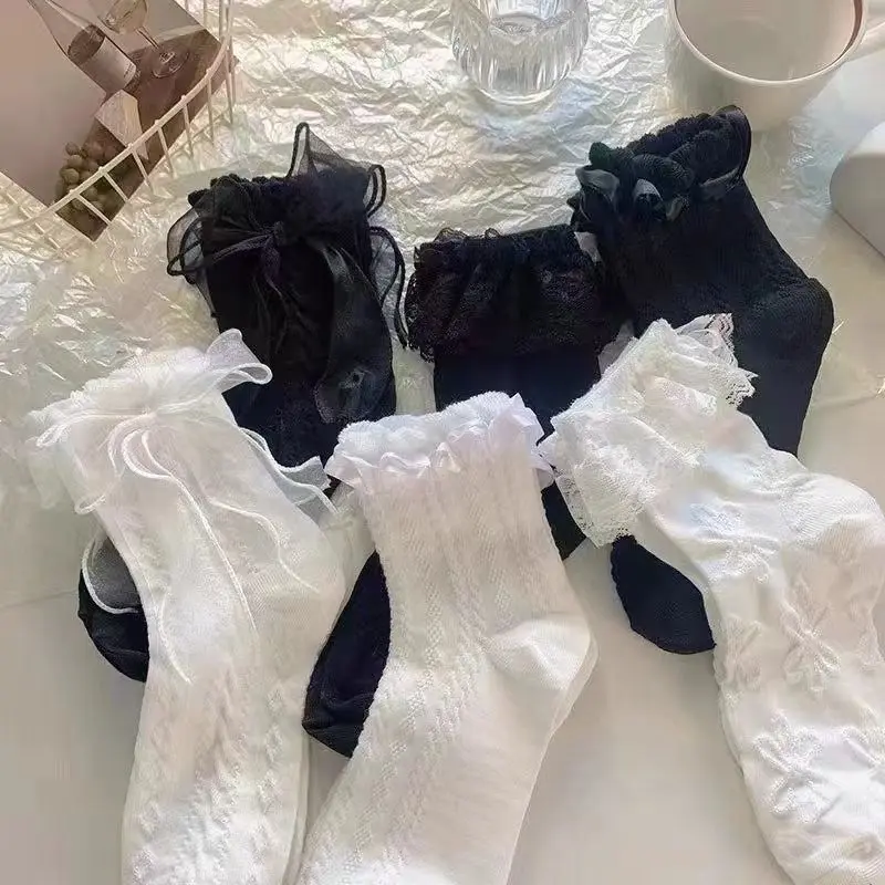 Tất Ren Lolita, Màu Trắng Nhật Bản, Dành Cho Nữ, Mỏng Và Dễ Thương, Dài Giữa Bắp Chân, Có Nơ Ren, Phong Cách Công Chúa JK, Thích Hợp Cho Bé Gái
