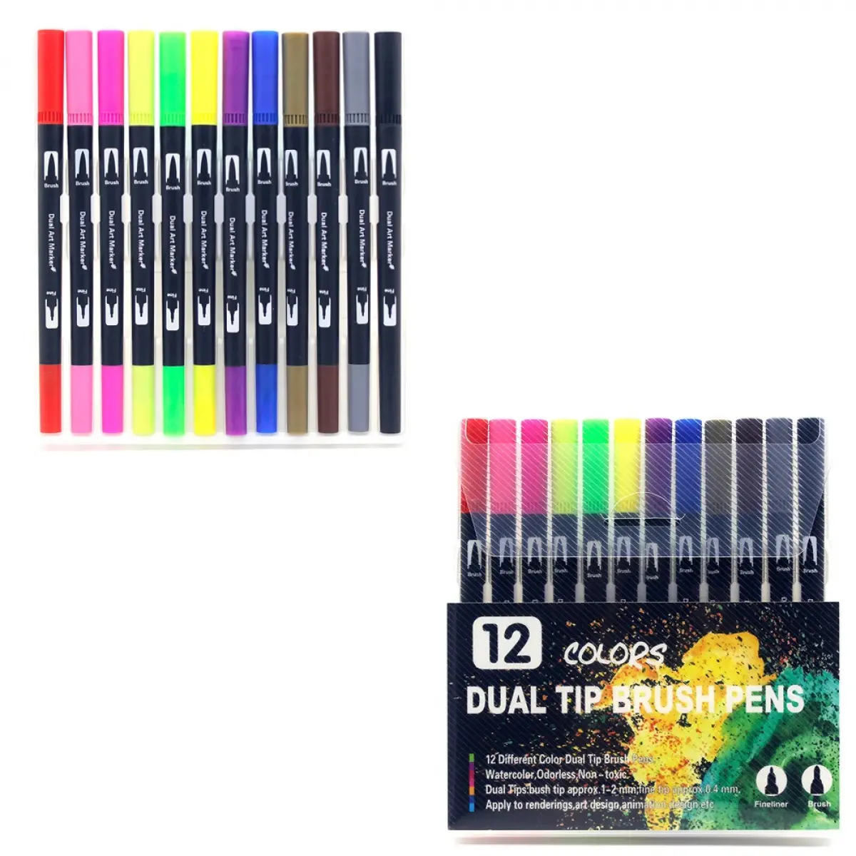 Watercolor Art Markers Brush Pen Dual Tip Fineliner Drawing for Calligraphy Painting 12Colors Set Art Supplies