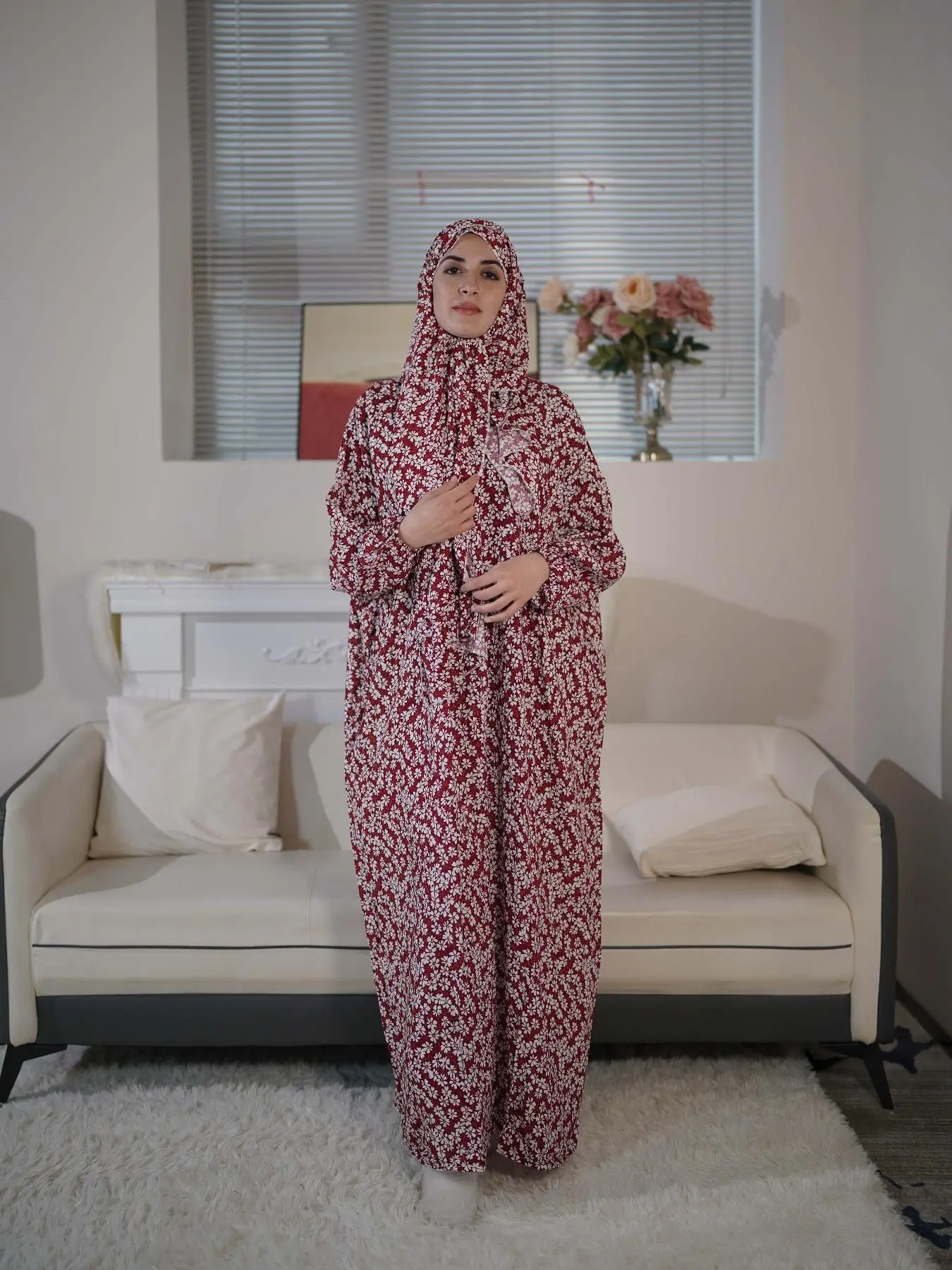Women's Floral Print Long Sleeve Arabian Dress with Hijab, Modest Bishop Sleeve Long Dress, Muslim Clothes for Women