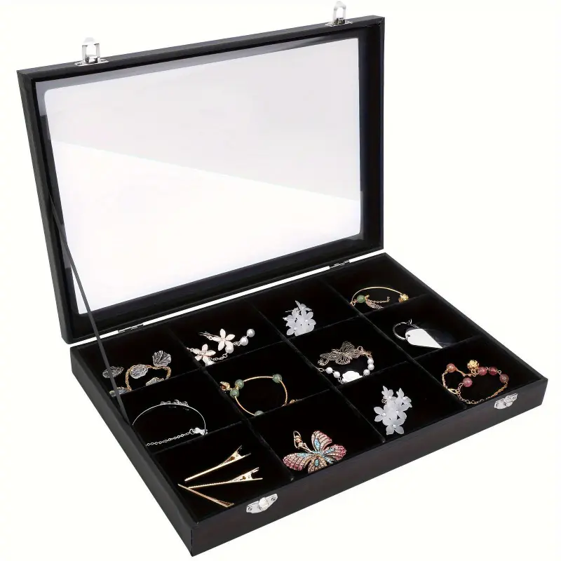[Local warehouse shipments] 1pc Black Velvet 12-Grid Jewelry Organizer Display Case with Glass Lid, Stackable Drawer Tray for Rings, Necklaces, Bracelets, Earrings & Watches, Adjustable Storage Compartments, Lockable Design for Secure Organ