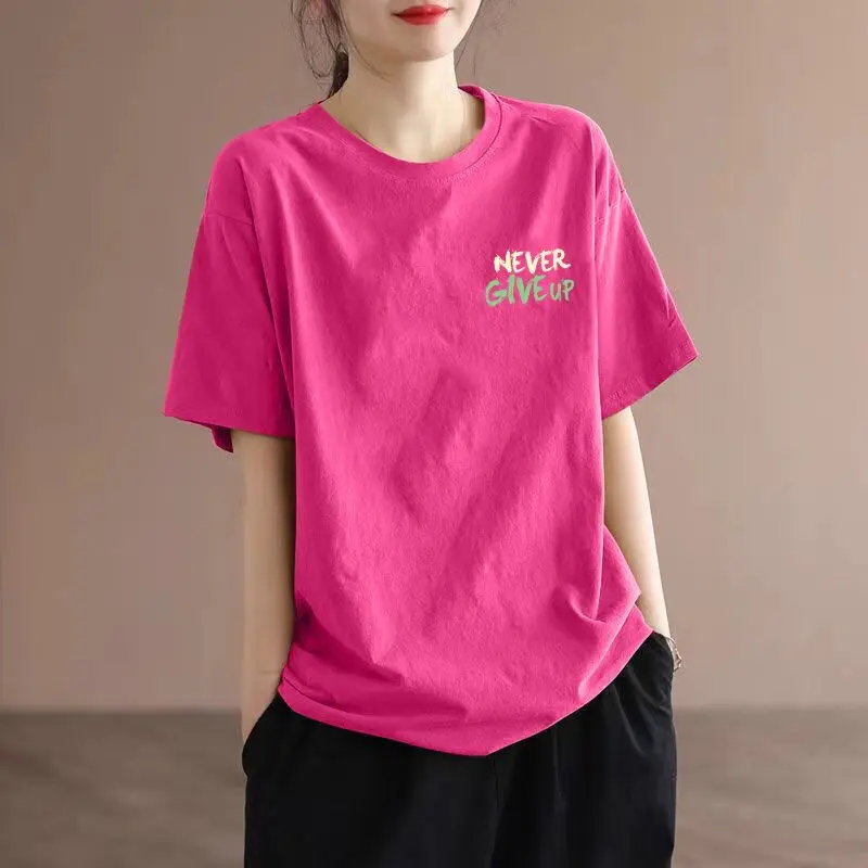 Áo Thun Cotton Nguyên Chất Cổ Tròn Cho Nữ, Áo In Thêu Máy, Giảm Giá Mùa Hè