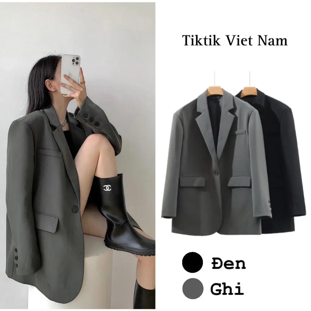 (SẴN) Áo blazer dáng rộng hai lớp màu trơn đen ghi có đệm vai đứng form day dặn thanh lịch ABLZ008 - Tiktik