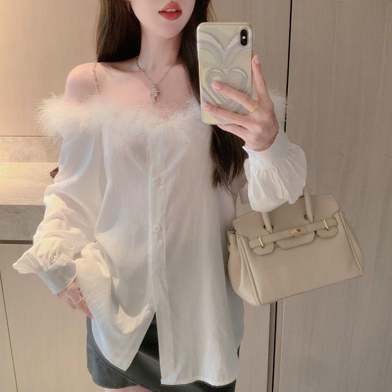 Product Introduction of #SS24 Áo Sơ Mi Dài Tay Lông Thú Trễ Vai, Phong Cách Ngọt Ngào , Dành Cho Phụ Nữ, Mùa Xuân, Mỏng, Thiết Kế Đẹp, Áo Sơ Mi Dáng Rộng Độc Đáo Áo Ngắn áo tứ thân hoàng lan anh váy lộn mèo áo corset bộ đồ thế giới ngầm áo olivia infinite hoodie girl hd 9
