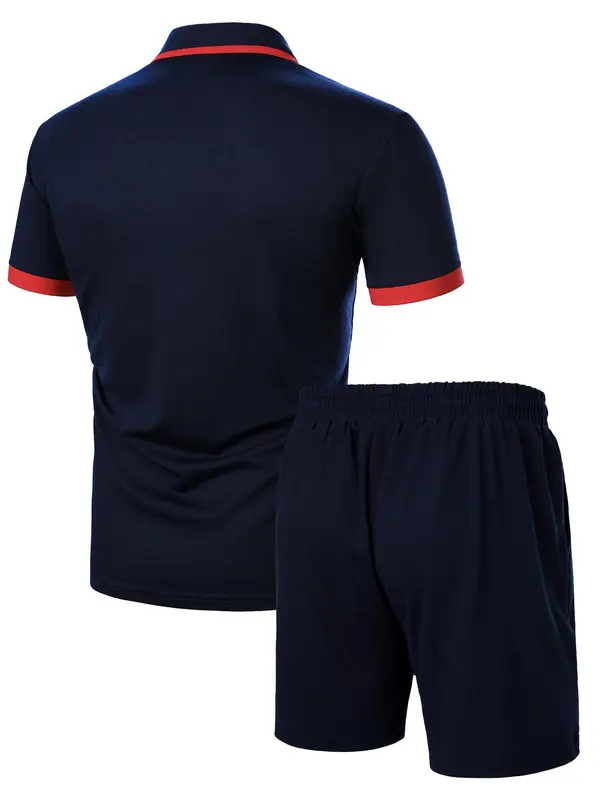 Two-Piece Set Men's Patchwork Short Sleeve Polo Shirt & Shorts, Regular Fit Casual Fashion Cozy Breathable Top & Shorts for Daily Outdoor Wear, Men's Clothing for Summer 1
