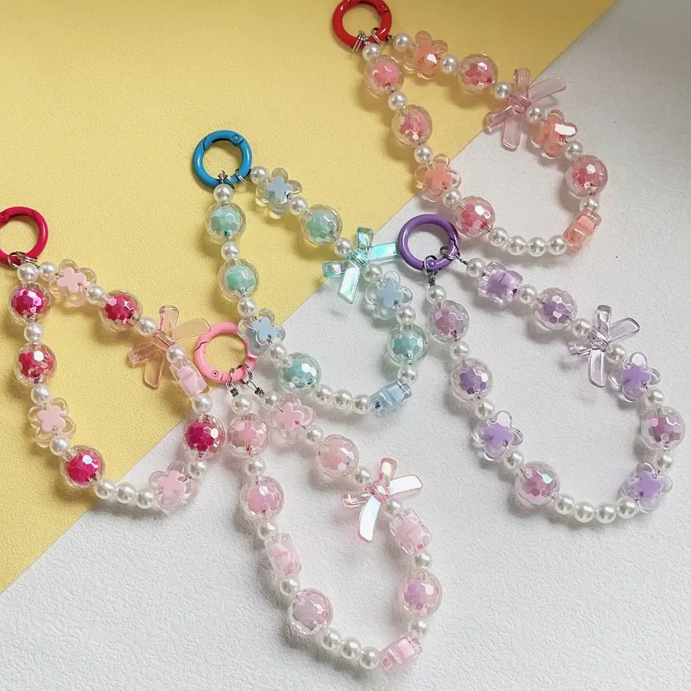 Wrist Strap Beaded Phone Strap Lovely Beaded Anti Loss Mobile Phone Lanyard Clover Charm Bowknot Phone Chain for Jewelry Gift