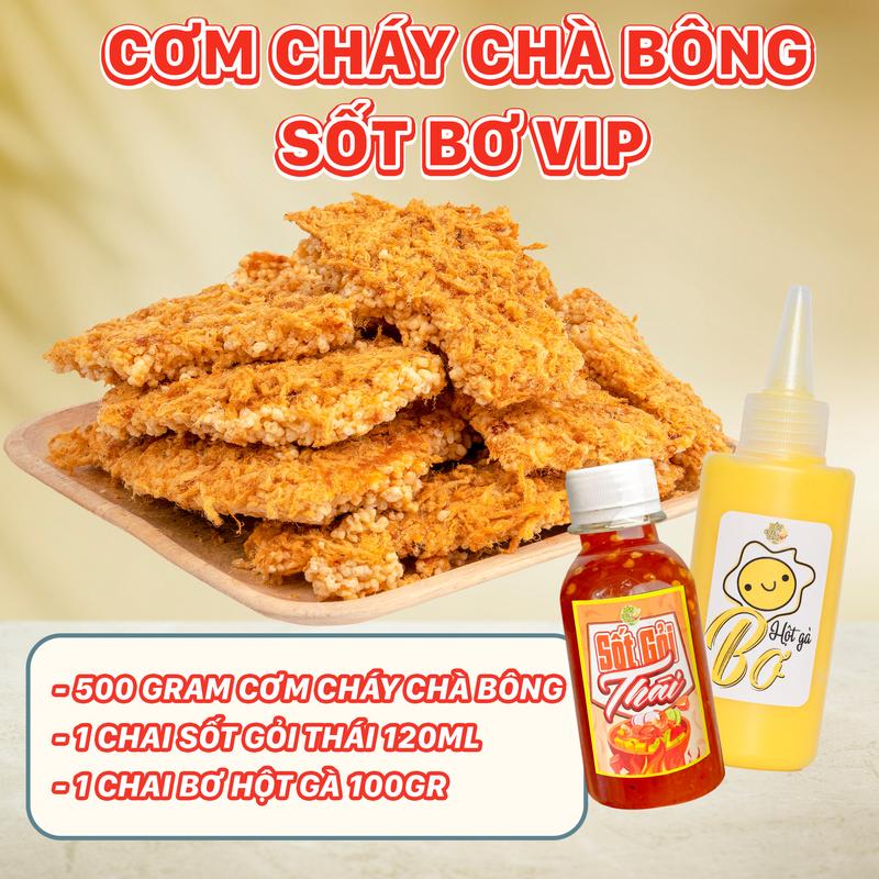 [TẶNG SỐT BƠ] COMBO CƠM CHÁY CHÀ BÔNG SỐT BƠ VIP - cơm cháy chà bông túi 500 gram + 1 chai sốt gỏi Thái 120ml + 1 chai bơ hột gà 100 gram - đồ ăn vặt - Bếp Chè Thái Snack Food