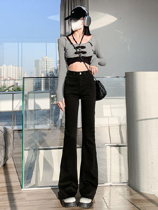 Jeans Hitam Berkobar Mikro Ukuran Besar untuk Wanita, Jeans Pinggang Tinggi, Pelangsing, Menutupi Lantai, Celana Melar Melebar/812 0