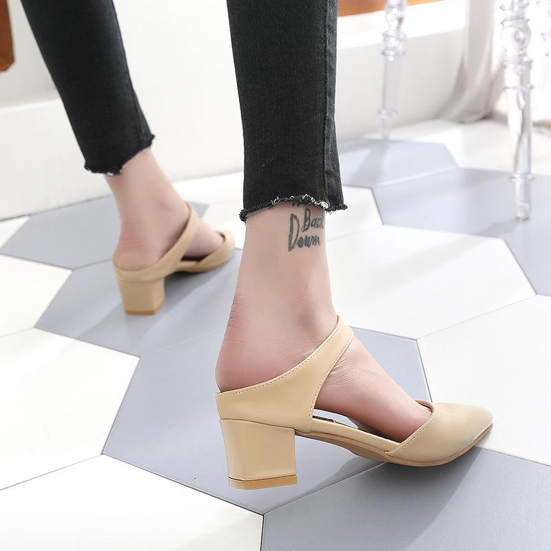 Product Introduction of 2024 Spring and Summer New Slippers Female Pointed Chunky Heel Semi-Slipper 6