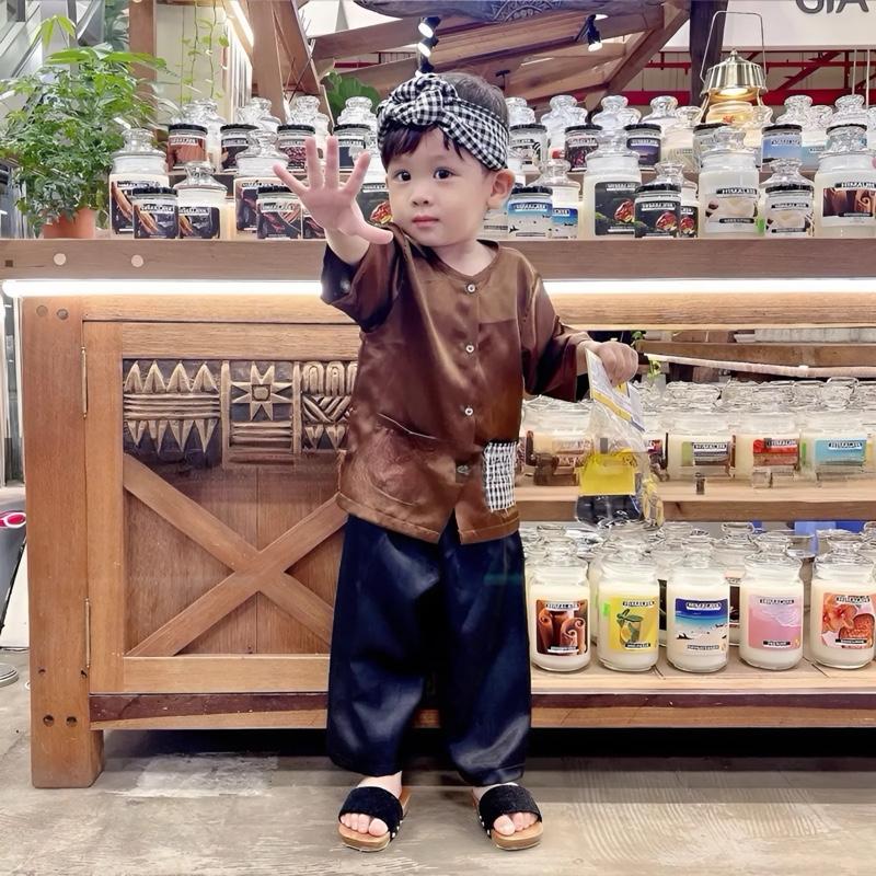 [Emcashop] Set bộ áo dài bé trai CS675, Set áo dài cách tân gấm cho bé trai mặc tết