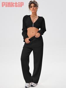 Pinktip Women's Solid Drop Shoulder Zip Up Hoodie & Pocket Elastic Waist Pants Two-piece Set, Casual Fashion Cozy Breathable Two Piece Outfits for Winter Daily Outdoor Wear, Essentials Tracksuit, Tracksuit for Women, Women Clothes for Fall & Winter