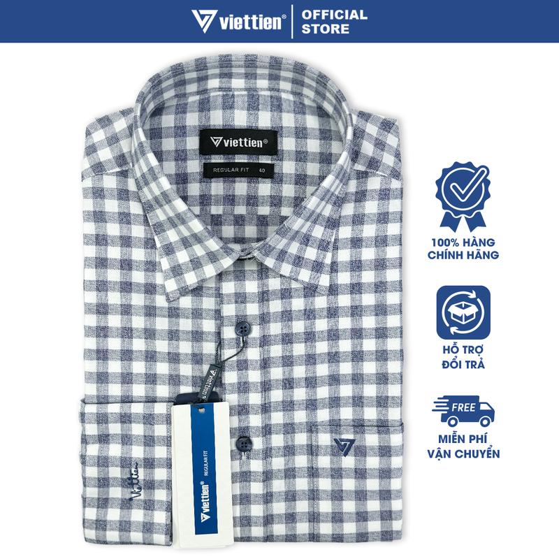 VIỆT TIẾN SALE - Áo Sơ Mi Viettien Tay Dài, Màu Caro Trắng - Xám, Form Regular Fit, Lai Bầu, Quà Tặng Nam Trung Niên Menswear