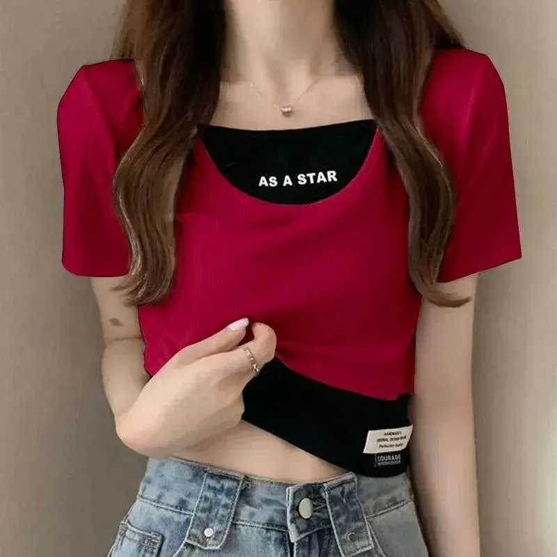 Fake Two Pieces Short Sleeve T-shirt Women's Summer Short High Waist Bare Midriff Slim Fit Slim Top Women Womenswear Lingerie Comfort Lady Streetwear Casual