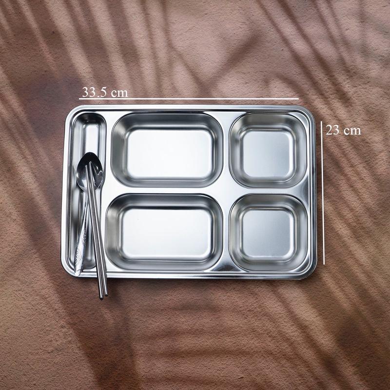 Khay cơm inox 4 ngăn, có ngăn đựng đũa - Inox 201 4