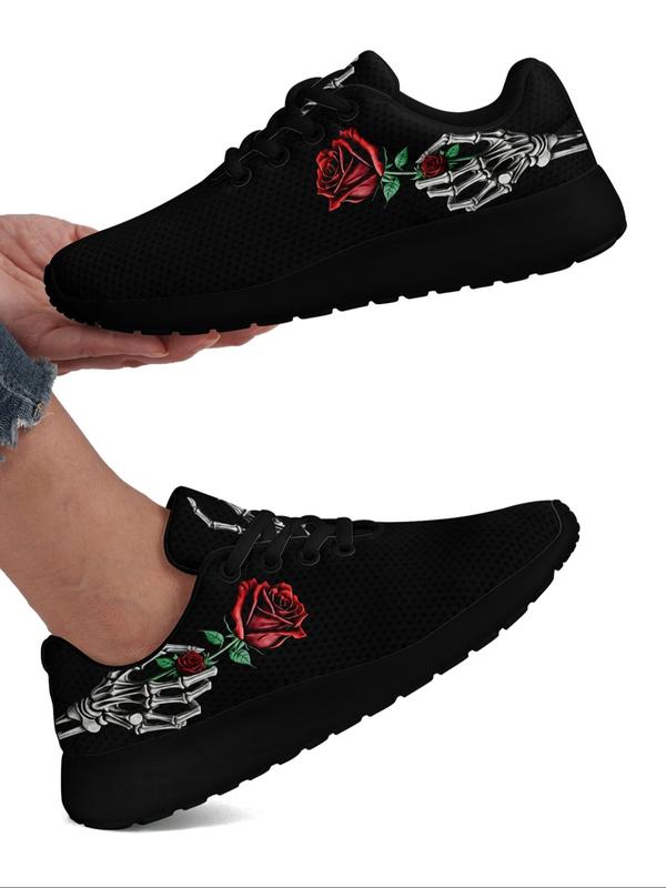 Women's Rose Skull Hand Bone Print Low Top Sneakers, Sports Running Shoes, Slip Resistant, Shock Absorbing, Breathable, Available in Large Size 7
