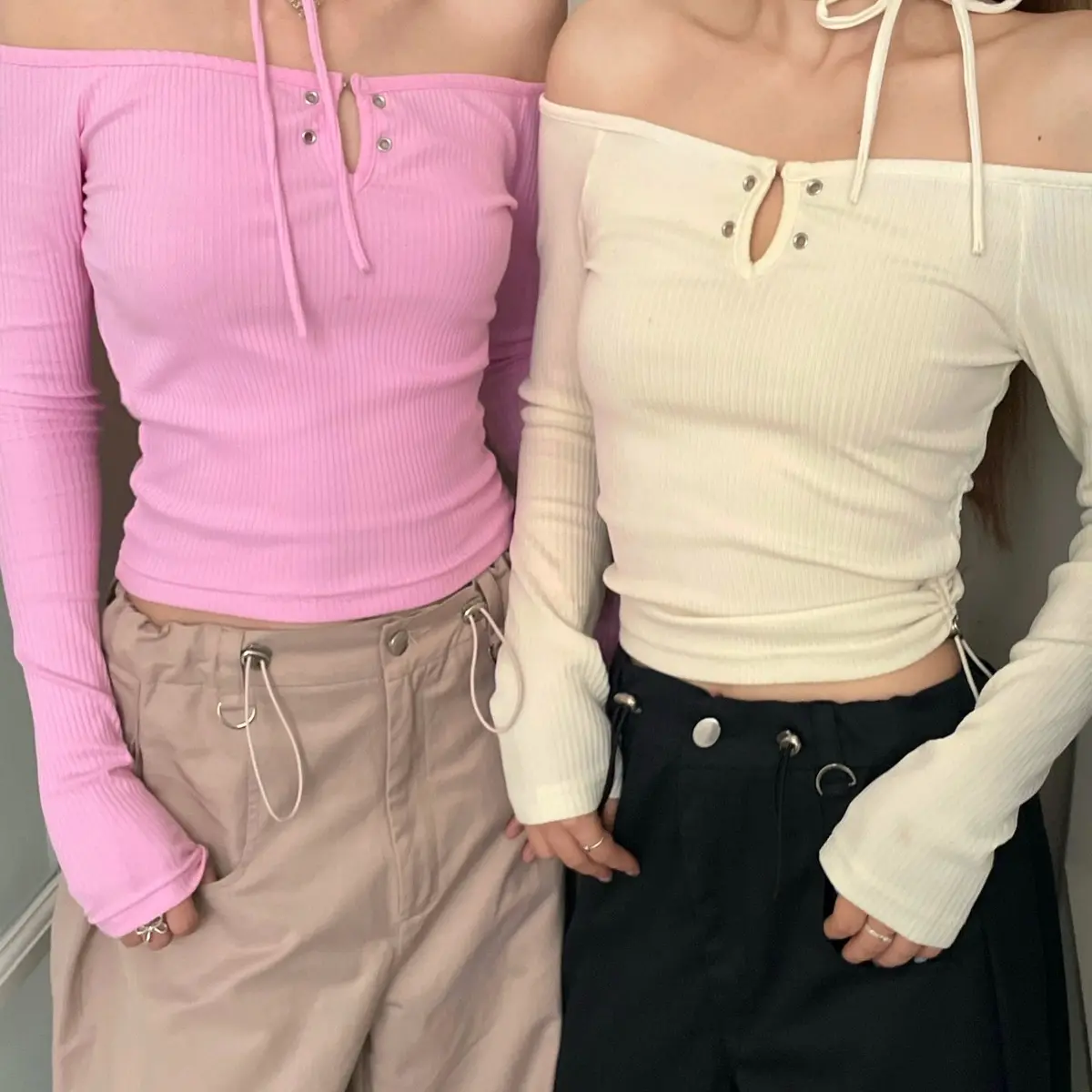 Áo Thun Trễ Vai Dài Tay Dây Rút Trái Tim ( Tặng Kèm Dây Ruy Băng Đen )  - Suzy Top - ONAONE