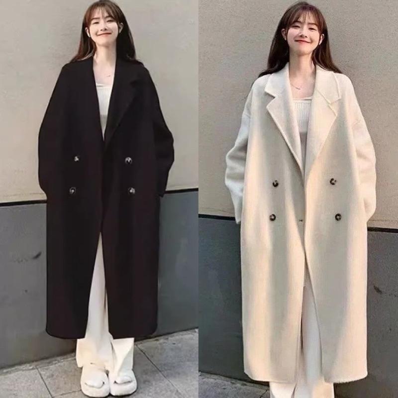 Áo khoác dạ dáng dài 2 lớp form rộng 4 cúc túi sườn be đen, Áo khoác blazer nữ cổ vest chất dạ lì phong cách ulzzang, VISION SHOP