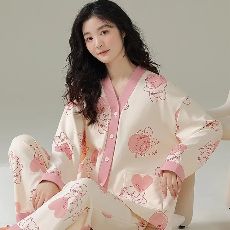 [TD5]Bộ Ngủ Nữ Pijama Áo Dài,Quần Dài, Chất Liệu Cotton Thu Đông 2023( Hàng Quảng Châu Cao Cấp)