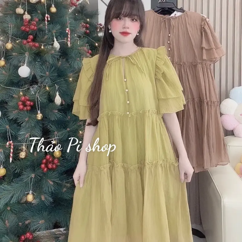 Đầm babydoll Nữ dáng suông rộng tay phồng phối nút siêu đẹp - M8 3