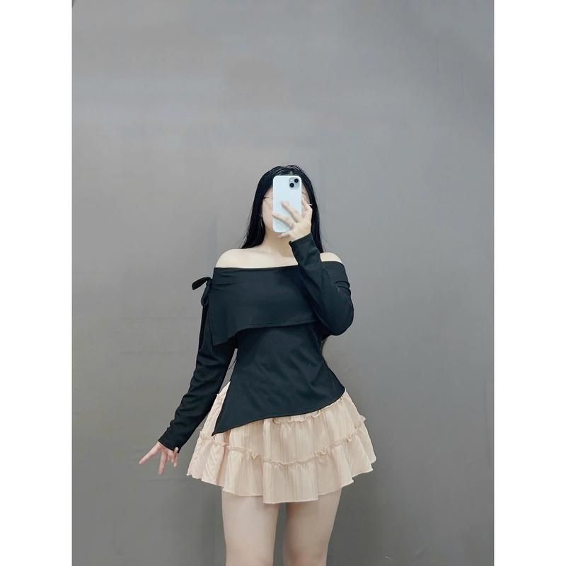 Áo Trễ Vai Tay Dài Bigsize Nữ Sang Chảnh Buộc Nơ Tôn Vòng 1 Vải Tăm Co Giãn Tà Xẻ Che Bụng Thiết Kế Style Tiểu Thư G257 Women Nhung Top 5