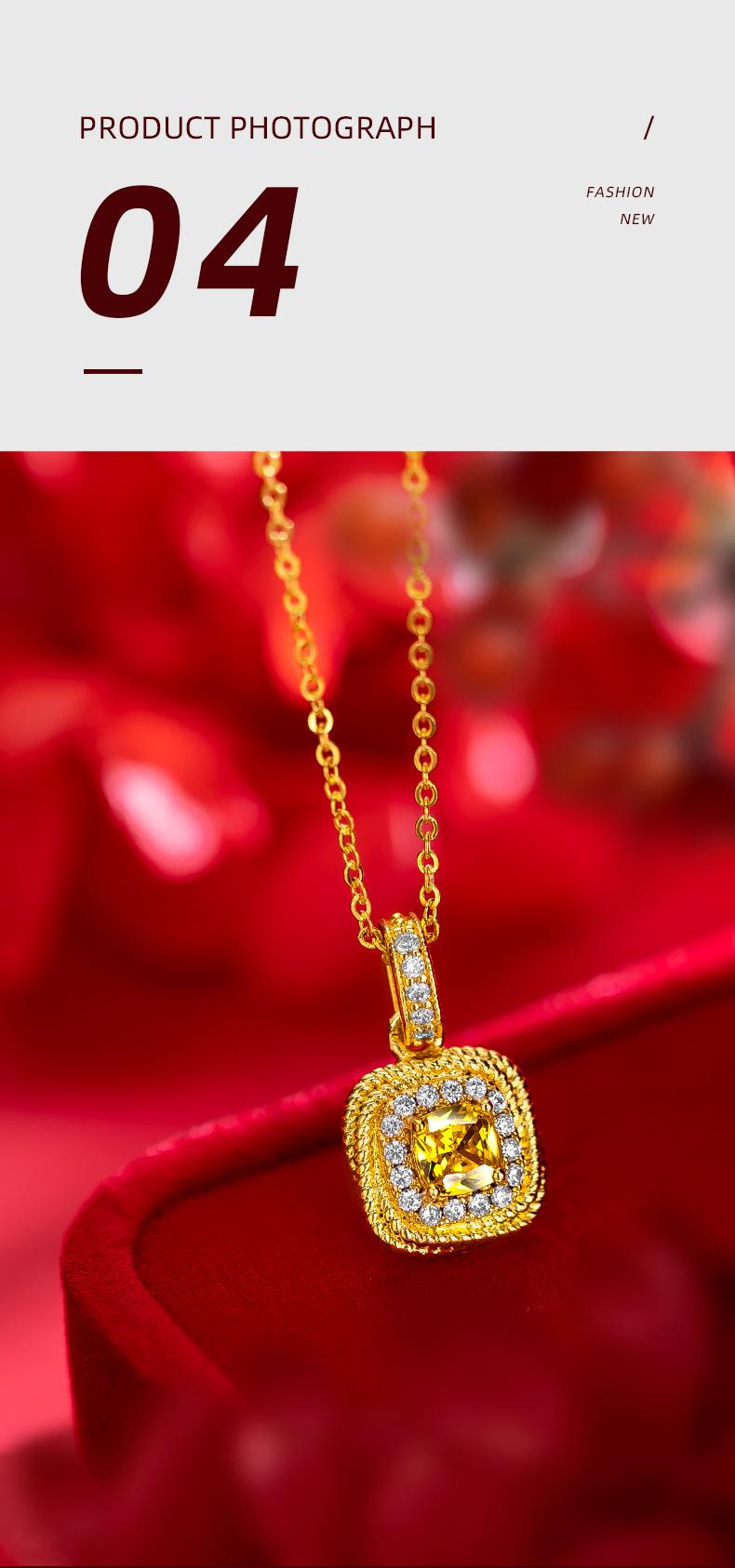 Product Introduction of Women's Light Luxury Super Shiny Small Sugar Cube Yellow Diamond Necklace Bracelet Ring Earrings Gold Plated High-end Internet Celebrity Sugar Cube Four-piece Set 7