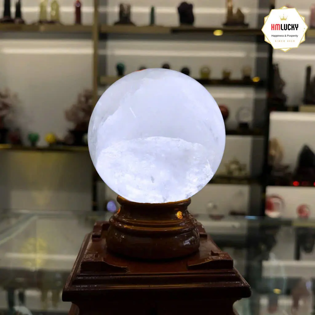 Quả Cầu Đá Thạch Anh Trắng, Quả Cầu Phong Thủy May Mắn, Bi Cầu Thạch Anh, Nhiều Kích Cỡ(Tặng Đế Gỗ)