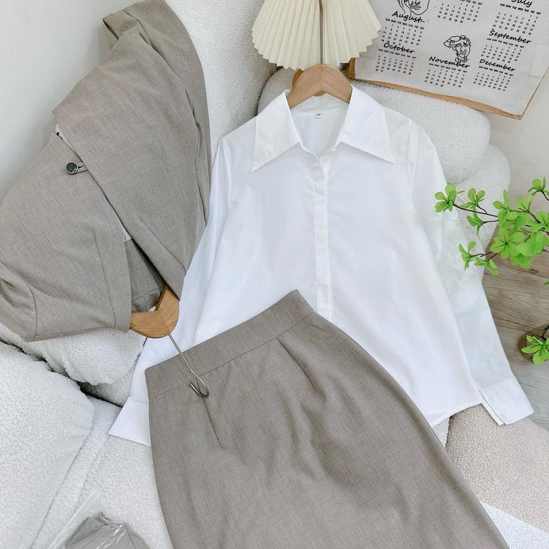 [Kim Clothing] Set 3 món áo sơ mi tay dài cổ bẻ + áo blazer croptop gài nút + chân váy bút chì 3