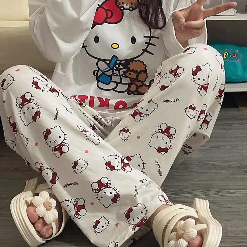 Quần Ngủ Hoạt Hình Hello Kitty, Quần Dài Ống Rộng Cạp Chun Co Giãn (M38)