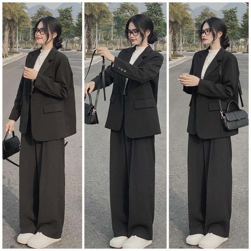 SV1 SÉT VEST ỐNG RỘNG BASIC SÉT BỘ QUẦN ỐNG RỘNG ÁO VEST BLAZER TAY DÀI SÉT BỘ SÉT ĐỒ THANH LỊCH ĐI CHƠI ĐI LÀM ĐI TIỆC Nhung Kem comple công sở nữ Women Top