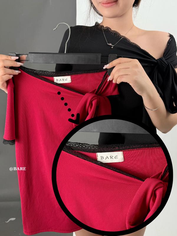 BARE_Áo Thun Nữ Lệch Vai Tay Ngắn Phối Ren Kèm Dây Cột Nơ, Áo Thun Nữ Tay Ngắn Phối Ren Buộc Nơ_A451 Women Top Nhung Kem Voi Sơ Mi 5