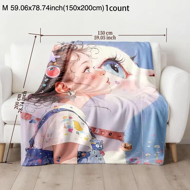 Cartoon Girl & Cat Pattern Blanket, 1/2 Counts Soft Warm Throw Blanket, Warm Nap Blanket for Home Office 3