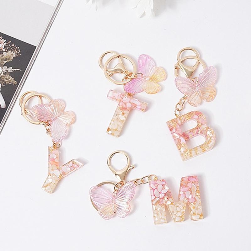 Product Introduction of [QQQ]Pink Dream Butterfly 26 Letters A To Z Resin Keychain 26 Initials White Stone  Leaf Pendant Keyring Backpack Charm Bag Decor 16