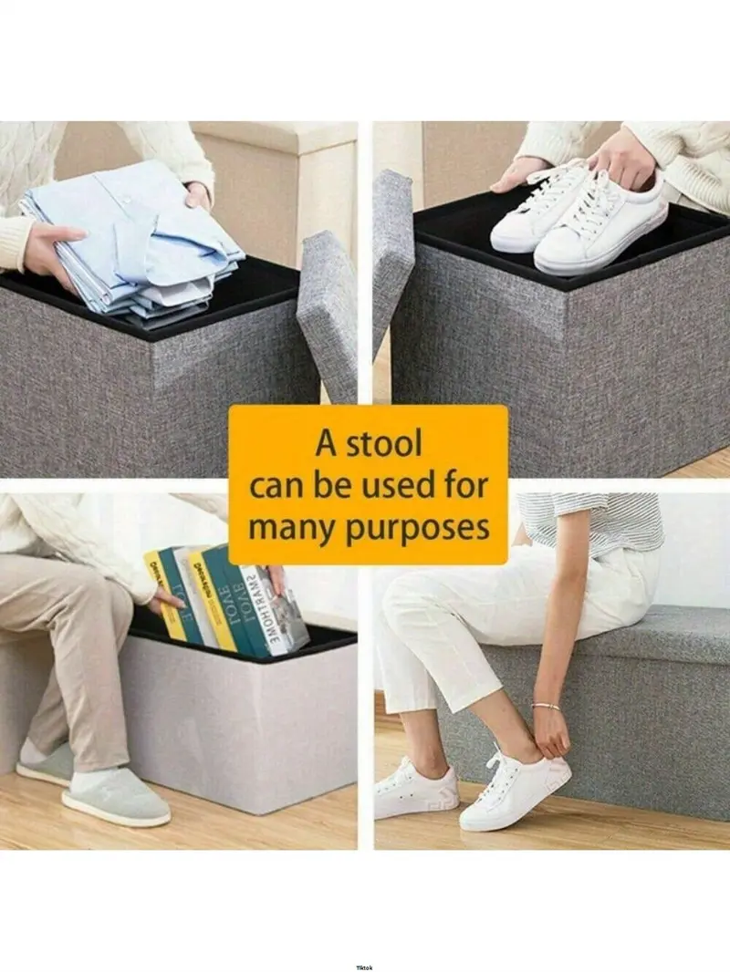 Product Introduction of FootStool Foot Pouffe Folding Stool Seat Pouffe Ottoman Storage Folding Linen Large Double Foot Storage Boxes Grey Storage Ottoman Makeup Seat Stool Storage Box 4