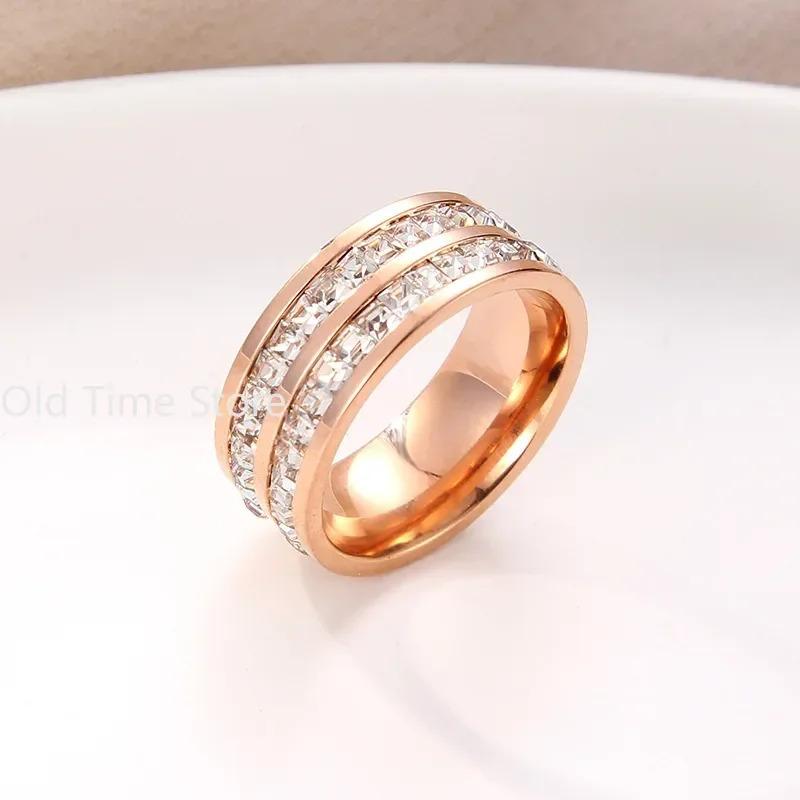 Hot Sale Double Crystal Woman Fashion Ring Rose Gold Color Filled Titanium Steel Rings for Women Female Fine Jewelry 5