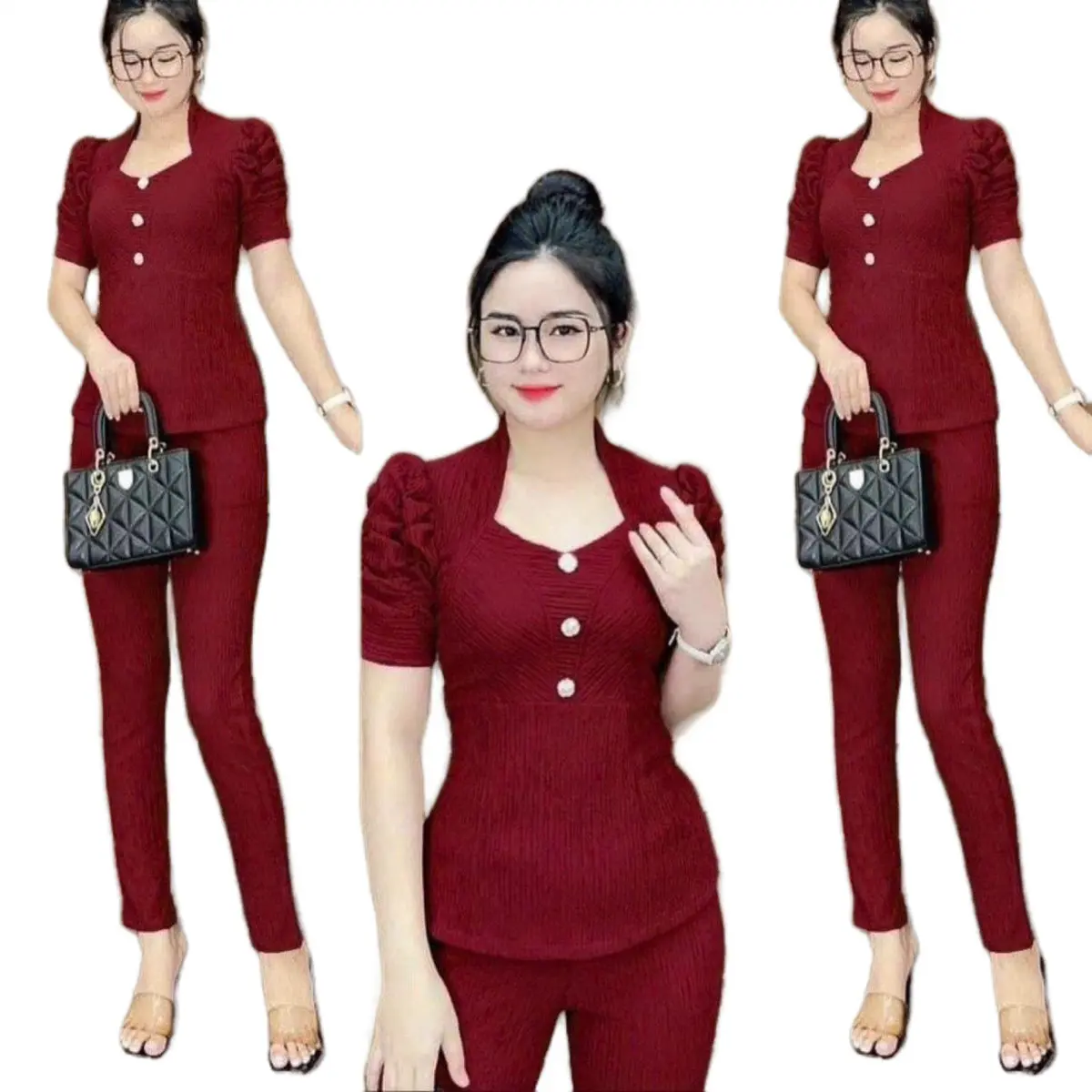 SÉT BỘ THUN XỐP CỔ TIM QUẦN DÀI ỐNG ÔM.K07 Nữ Áo Top Women Polo
